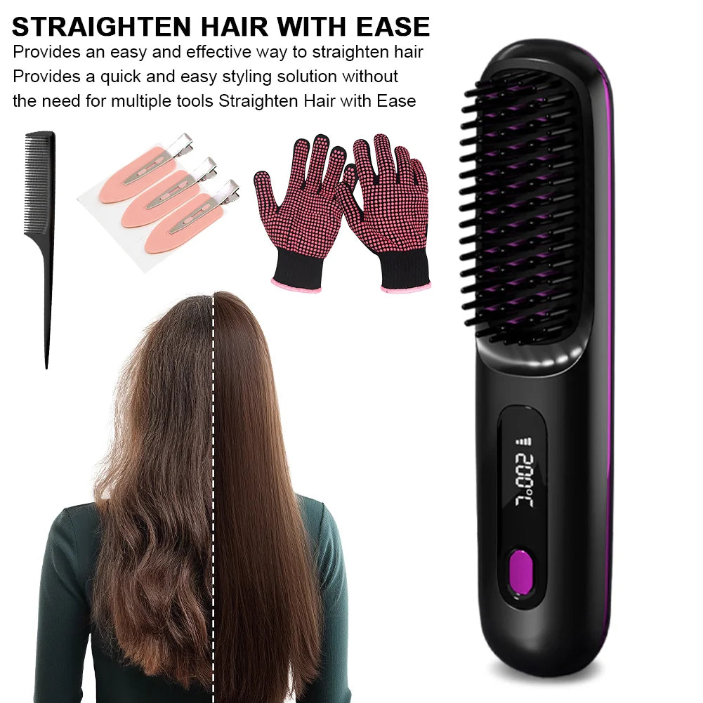 Portable Straightener Brush Cordless Hair Straightener Brush 3Setting Temperature Rechargeable Ceramic Hot Comb Brush for Travel