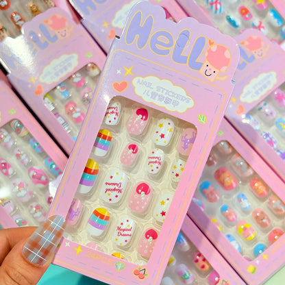 24PC/Box Children's Press On Nails With Jelly Glue Girl's Colorful Cartoon Full Cover Bear Bunny Cat Pattern Fake Nail FalseNail