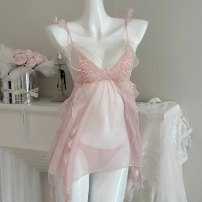 Pure Desire Butterfly Strap Lace Nightgown Breathable Mesh Sleepwear Sweet Tulle Date Night Sleep Suit Comfortable V-neck Sho...