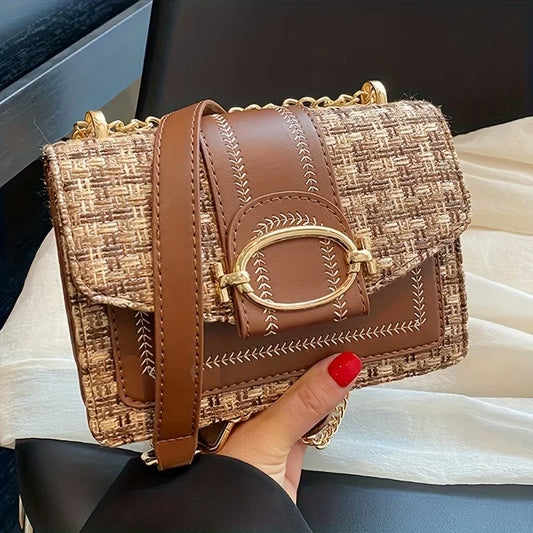 Chic Mini Plaid Tweed Crossbody Bag with Adjustable Strap, Fashionable Buckle Closure - Available in Cream, Green, Blue, Black