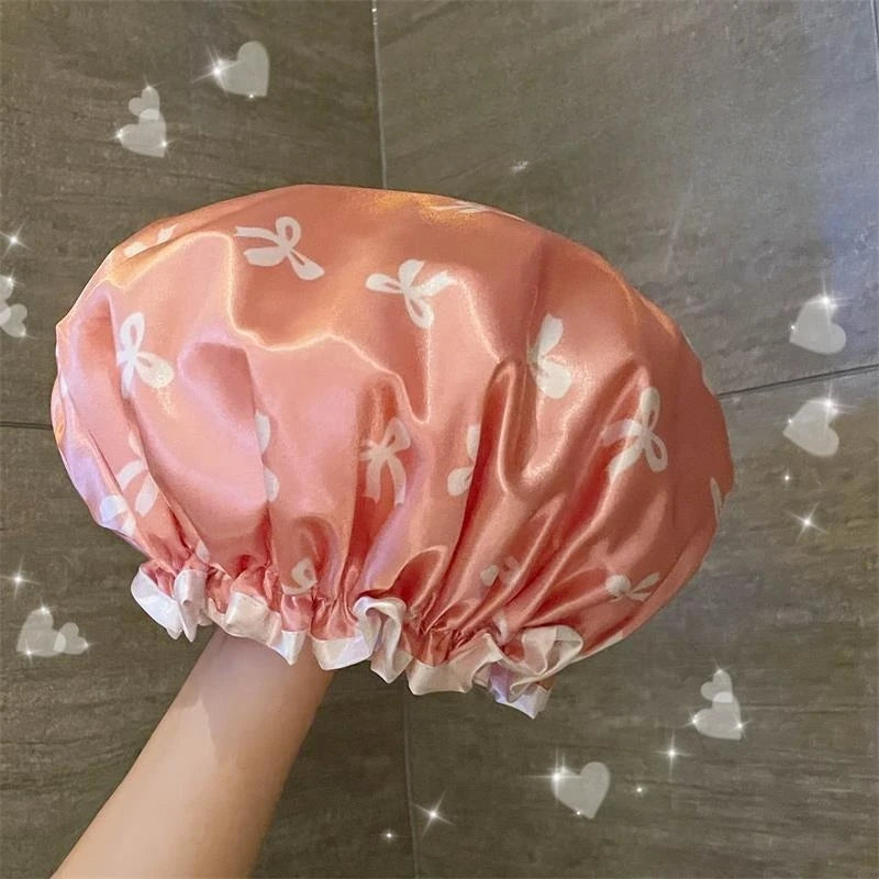 Double-Layer Shower Cap Waterproof New Fashion Bow pattern Reusable Bathing Hat Kitchen Oil-proof Sanitary Hat
