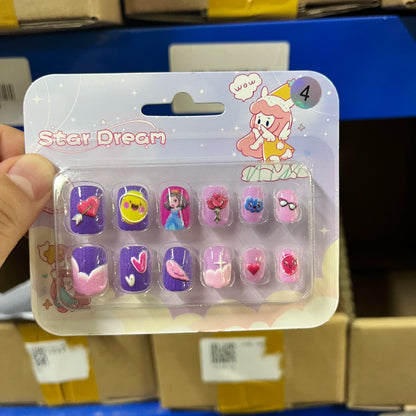 12pcs Cute Kids Dress-Up Fake Nail Girls Press on Nails Princess Pretend Play Toy Nail Tips Self-adhesive Children False Nails *