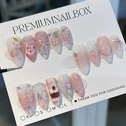 24pcs Sweet False Nail Patches Detachable Fake Nail Tips With Bowknots Love Heart Pearl Design Pink Almond Korean Press On Nail