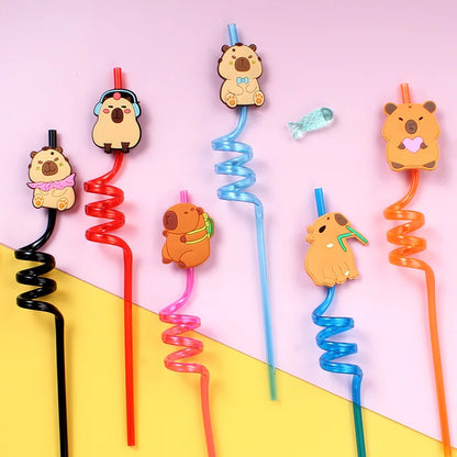 12pcs Cartoon Capybara Reusable Straws Durable PET Plastic,  Fun Animal Designs for Kids Parties, Birthdays, Home Decor Supplies