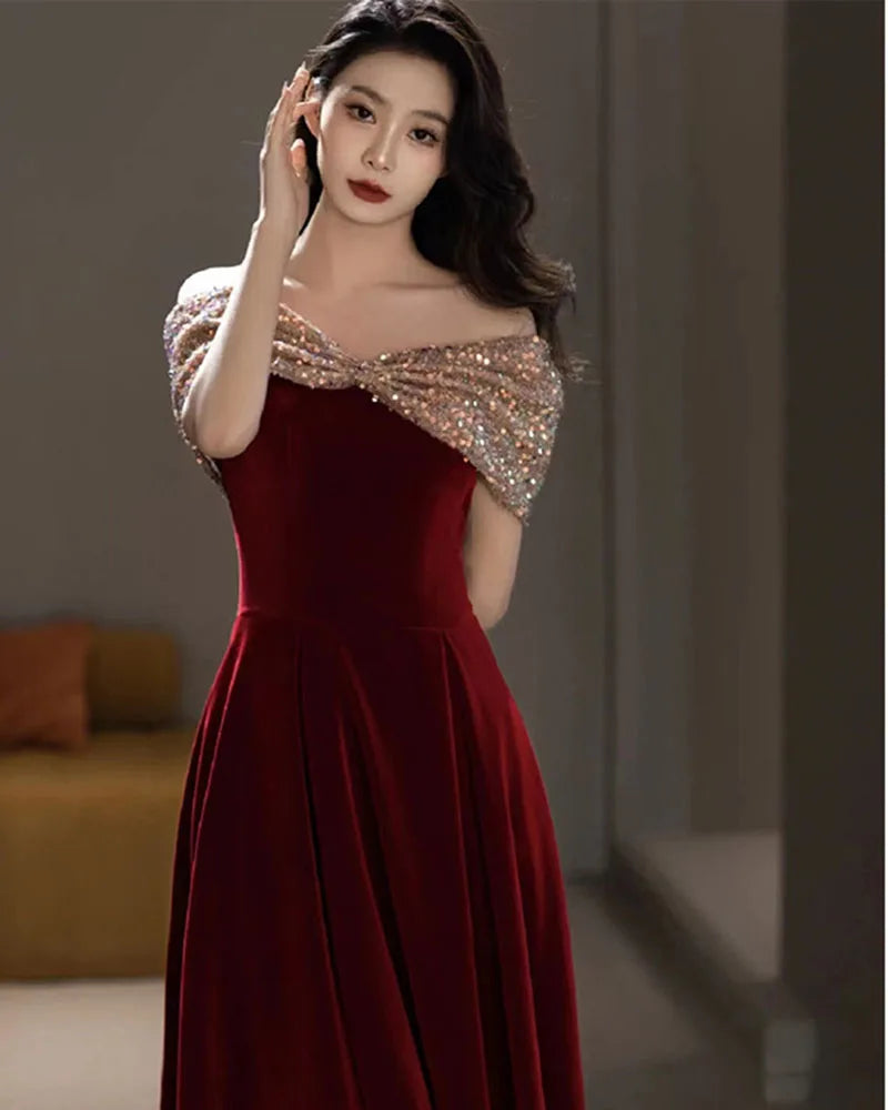 DongCMY Vestidos De Novia-f-Spring Burgundy One-shoulder Evening Gown For Women Wedding Dress Elegant And Pretty Dresses