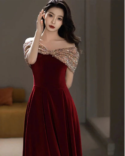 DongCMY Vestidos De Novia-f-Spring Burgundy One-shoulder Evening Gown For Women Wedding Dress Elegant And Pretty Dresses