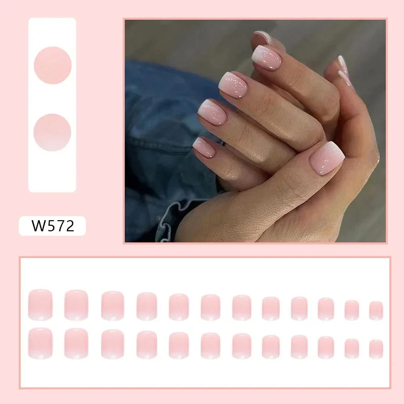 Fresh Green Tea 24 Pcs Fake Nail with Jelly sticker Press on False Nails Wearable Round Head Oval Full Cover Nail Tips