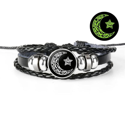 Charm Luminous Sun Moon Lover Leather Bracelet Vintage Punk Multi layer Beaded Weaving Bracelet Couple Gift