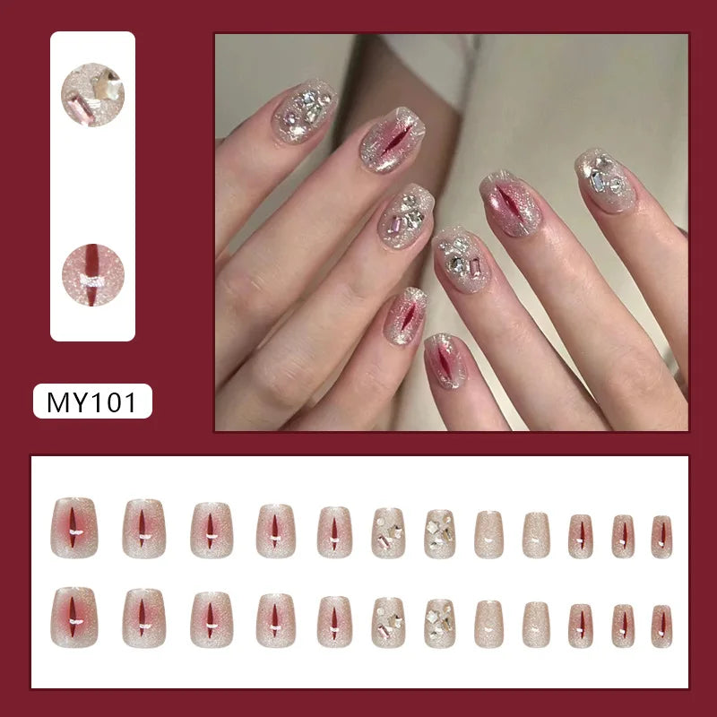 Caramel Flower 24 Pcs Press on Nails Pink Gradient Fake Nails Glossy Artificial Finger Manicure Reusable False Nails for Women