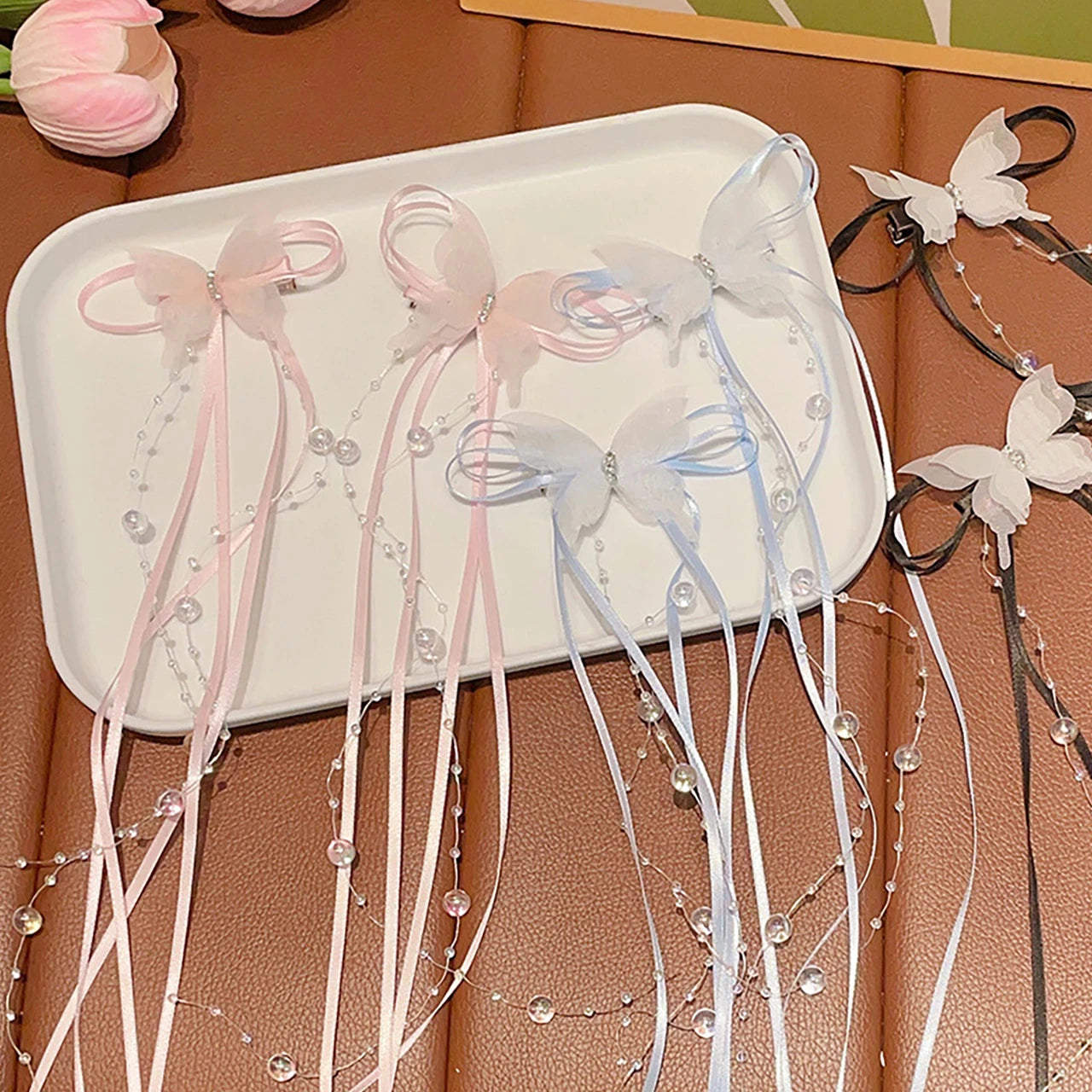 New Butterfly Tassel Baby Girl Hair Clips Sweet Long Ribbon Pearl Duck Tongue Clips Princess Sided Clips Kids Hair Accessories