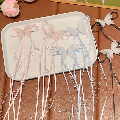 New Butterfly Tassel Baby Girl Hair Clips Sweet Long Ribbon Pearl Duck Tongue Clips Princess Sided Clips Kids Hair Accessories