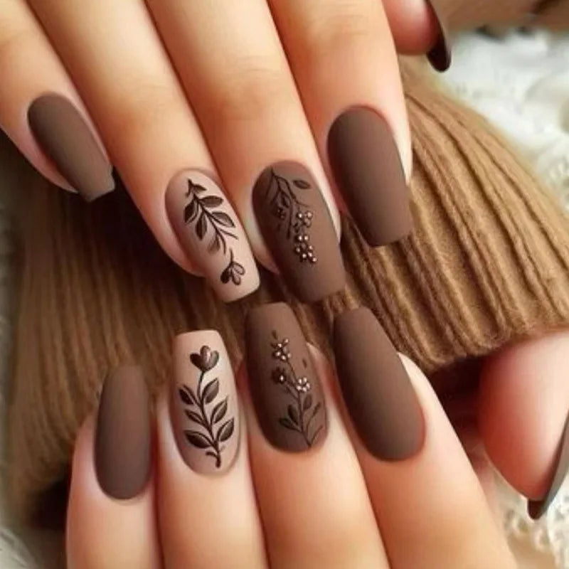 Caramel Flower 24 Pcs Press on Nails Pink Gradient Fake Nails Glossy Artificial Finger Manicure Reusable False Nails for Women