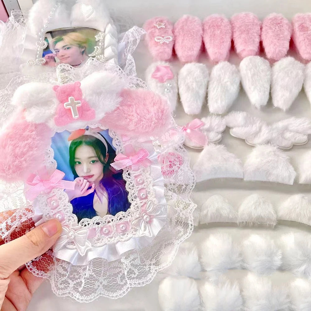 10Pcs Sweet Plush DIY Photocard Holder Handmade Material Korean Idol Photo Card Holder Lace Strips Cute Cartoon Ears Accessories