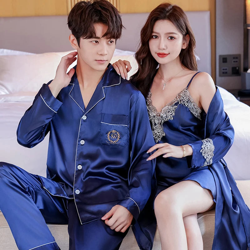 Couple Pajamas Set Women Silk Sexy Nightdress Nightgown Two-Pieces Summer Men's Long-Sleeved Long Pant Home Wear Bridesmaid Robe