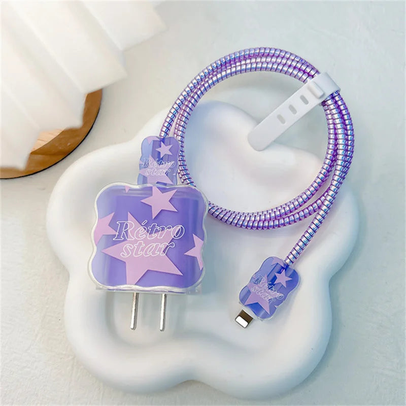 5pcs-set Heart Flower Wave Edge Charger Protective Cover Suitable for iPhone Models 12 13 14 15 Supports 18W 20W Fast Charging