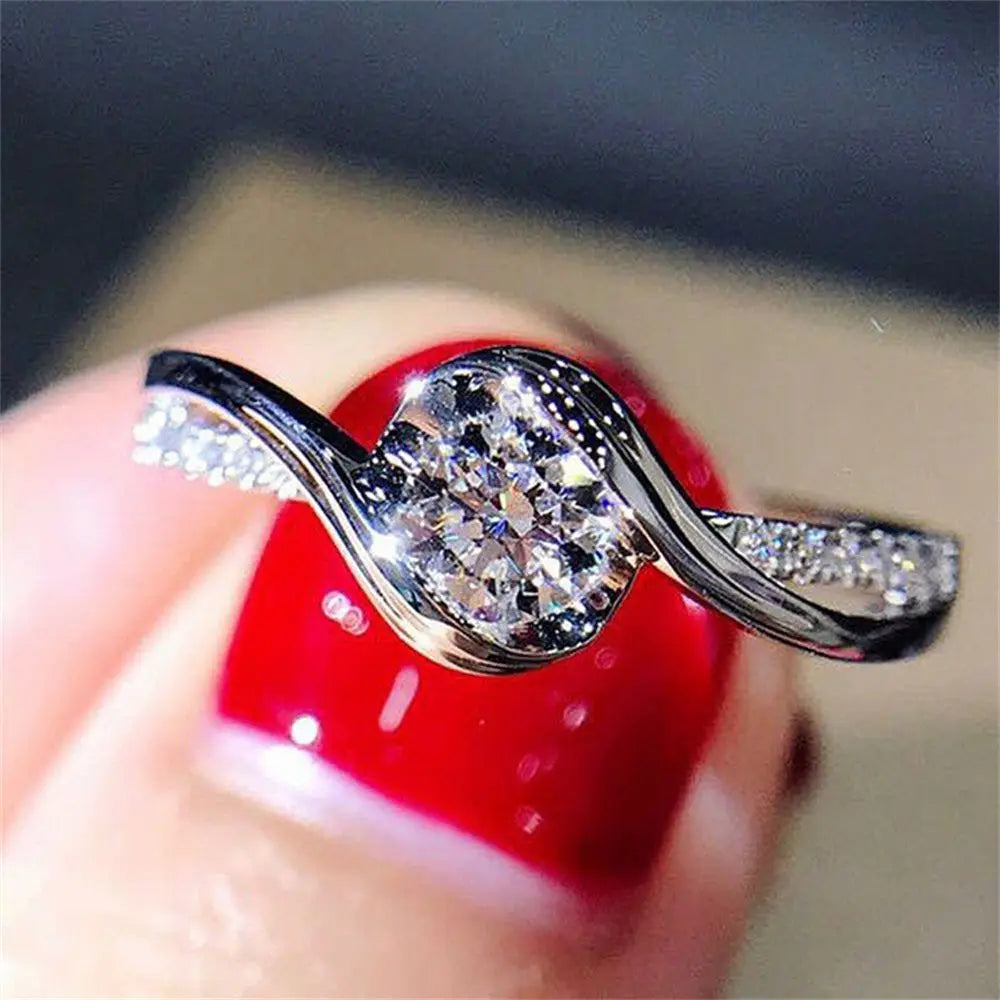 Sparkling Alloy Silver Rings Women Shinning White Sapphire Wedding Ring Cubic Zirconia Jewelry Gifts Size 6-10 Elegant