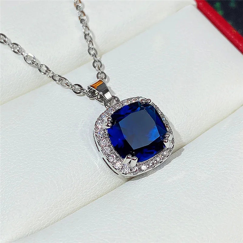 European and American Jewelry Set, Fashionable Square Sapphire Blue Zircon Series, Luxurious and Elegant Jewelry Accessories