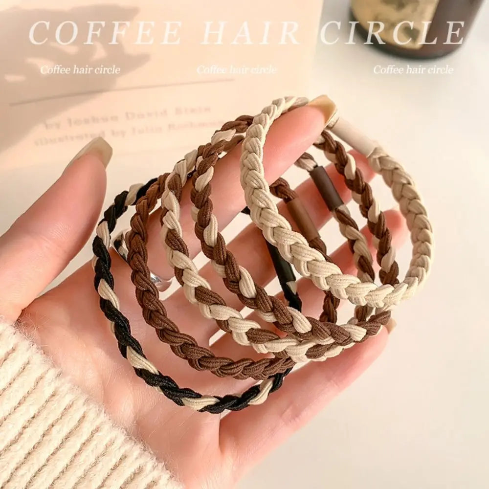 5PSC Simple Braided Hair Tie Nylon Highly Elastic Hairband Durable Coffee Rubber Band Women Girl