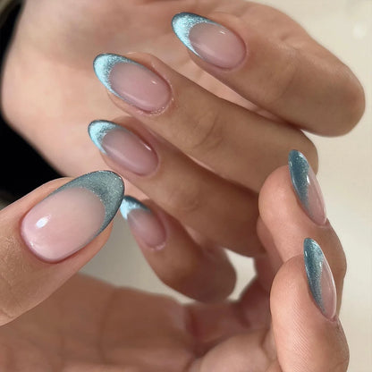24pcs Romantic Y2k Star Press On Nails Gradient Blue French Style Gold Moon Designs Fake Nail Sweet Almond False Nails For Women