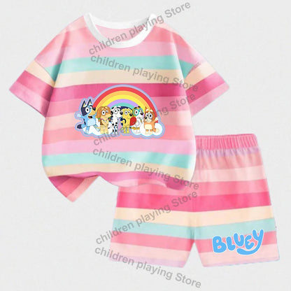 Blueyi Series Child Stripes Sets Summer Girls Boys T-Shirt Shorts Suits Cartoon Bingo Casual Sport Clothes Kids Sleepwear Gifts