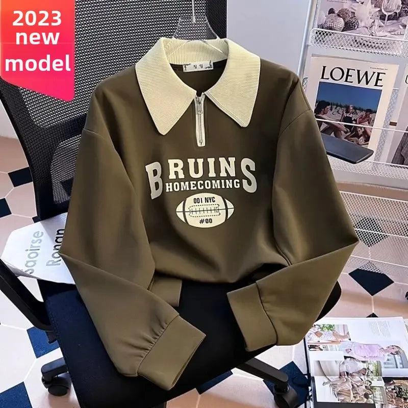 Long Sleeve Women's Fashionable Loose Polo Neck Printed T-shirt Spring Autumn Winter New Style Base Layer Shirt Outerwear
