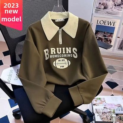Long Sleeve Women's Fashionable Loose Polo Neck Printed T-shirt Spring Autumn Winter New Style Base Layer Shirt Outerwear