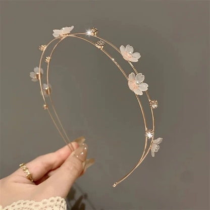 New Double Layer Metal Hairband Flower Pearl Headband for Women Headwear Shiny Rhinestone Hair Band Hoop Hair Accessories