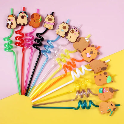 12pcs Cartoon Capybara Reusable Straws Durable PET Plastic,  Fun Animal Designs for Kids Parties, Birthdays, Home Decor Supplies