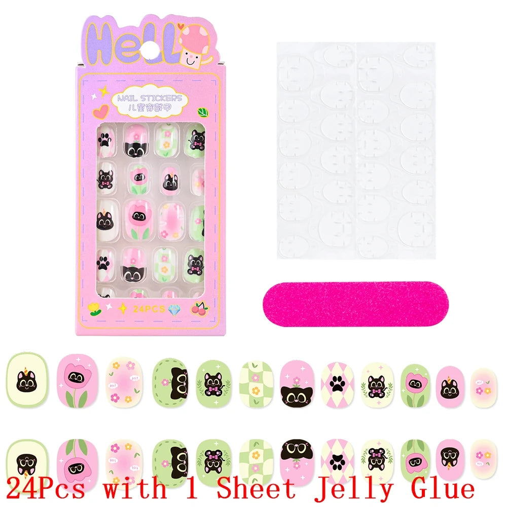 12pcs Cute Kids Dress-Up Fake Nail Girls Press on Nails Princess Pretend Play Toy Nail Tips Self-adhesive Children False Nails *