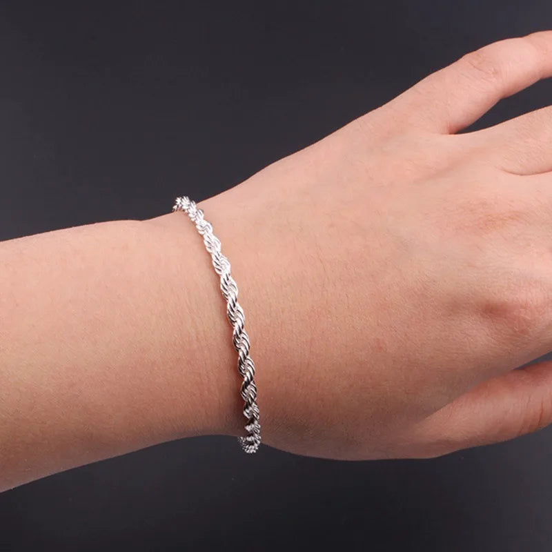 925 Sterling Silver 4MM Twisted Rope Bracelets for Women Men Fashion Minimalist Couple Chain Bracelet Unisex Party Jewelry Gifts