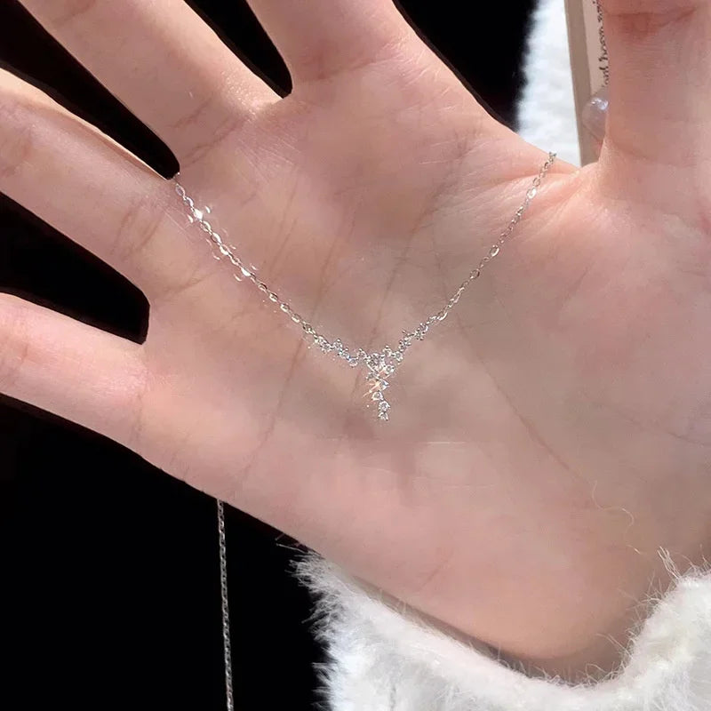 Shiny Zircon Star Necklace for Women Fairy Crystal Pendant Necklace Delicate Collar Chain Anniversary Jewelry Gift Accessories