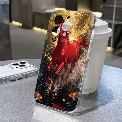 Golden Horse Diamond Printed Phone Case For iPhone 17 16 15 14 Plus Pro Max 12 11 13 X XS XR 7 8 Plus 16E 17Air Soft Clear Cover