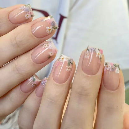 24Pcs Square Press-on Nails Set with Pink Flower Patterns Full Cover Acrylic French Nail Tips Adhesive For Stylish Women/Girls
