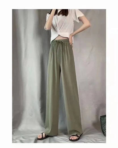 Spring Summer Ice Silk Fitness Wide Leg Pleated Straight Pants Women High Elastic Drawstring Solid Full Trousers JYZZ-AL5718