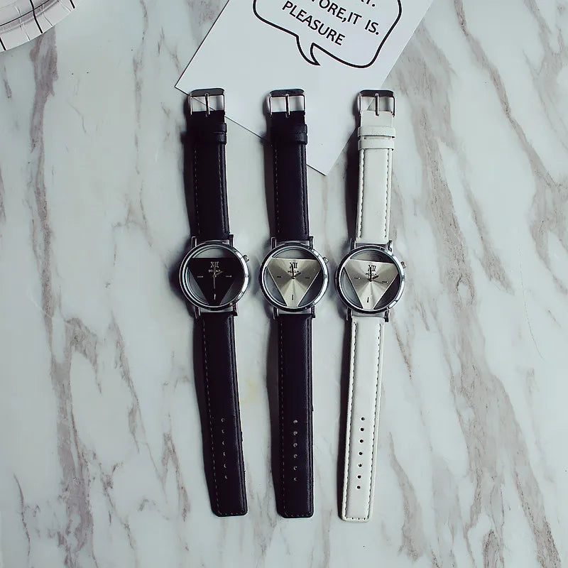 Fashion hollow triangle women quartz watches simple novelty and individualism creative wrist watch black white leather clock