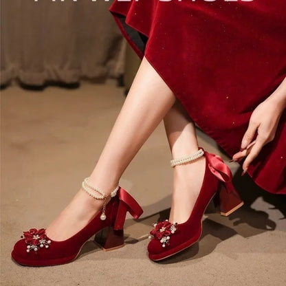 Red Wedding Shoes, Two-wear Wedding Dress, Mary Jane's Thick and High Heel Women's Shoes 2025 New Style