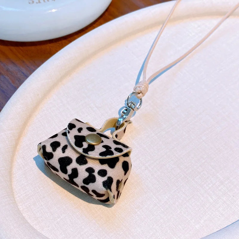 Retro Cute Small Leopard Print Leather Bag Pendant Necklaces for Women Sweater Long Rope Chain Neck Hanging Jewelry Accessory C