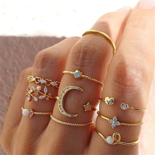 Punk Geometric Metal Moon Heart Rings for Women Men Vintage Gold Color Curved Open Ring Set Fashion Unisex Jewelry Gift