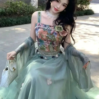 Vintage Strap Floral Vest Two-Piece Women's Improved Hanfu 2026 New Summer Suit Fashion Chic Y2K Sliming Sweet Suits Skirt