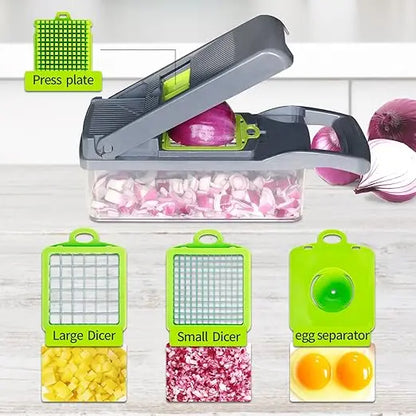Vegetable Chopper Dicer Set Effortless Onion Tomato Cutter Lemon Squeezer 13 Blades BPA-Free Container Grey Kitchen Essential