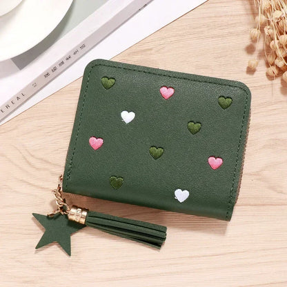 New Long Short Wallet Women's Fashion Credit Card Bag Purse Zipper Handbag Embroidered Heart Mobile Phone Money Coin Bag Case