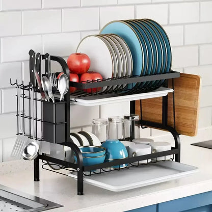 2025 New 2-Tier Stainless Steel Dish Drainer Compact Kitchen Organizer with Utensil Holder Rustproof Countertop Storage