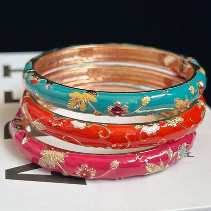 Enamel Chinese Cloisonne Bracelet Double Bangle Traditional Peony Filigree Flower Bangle Ethnic Vintage Women's Hand Bracelet