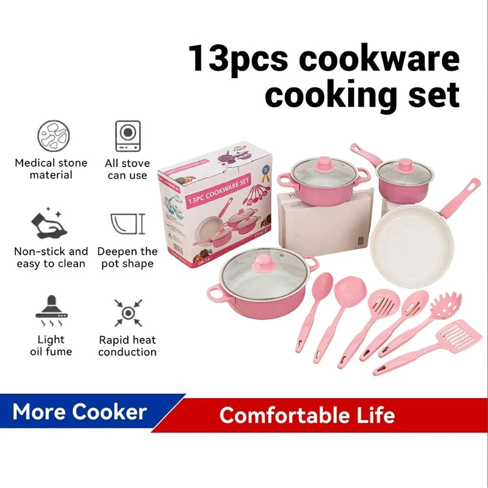 13pcs Non-Stick Cookware Set Soup Pot Frying Pan and Milk Pot Premium Milk Pot Maifan Stone Frying Pan Coating Kitchen Utensil