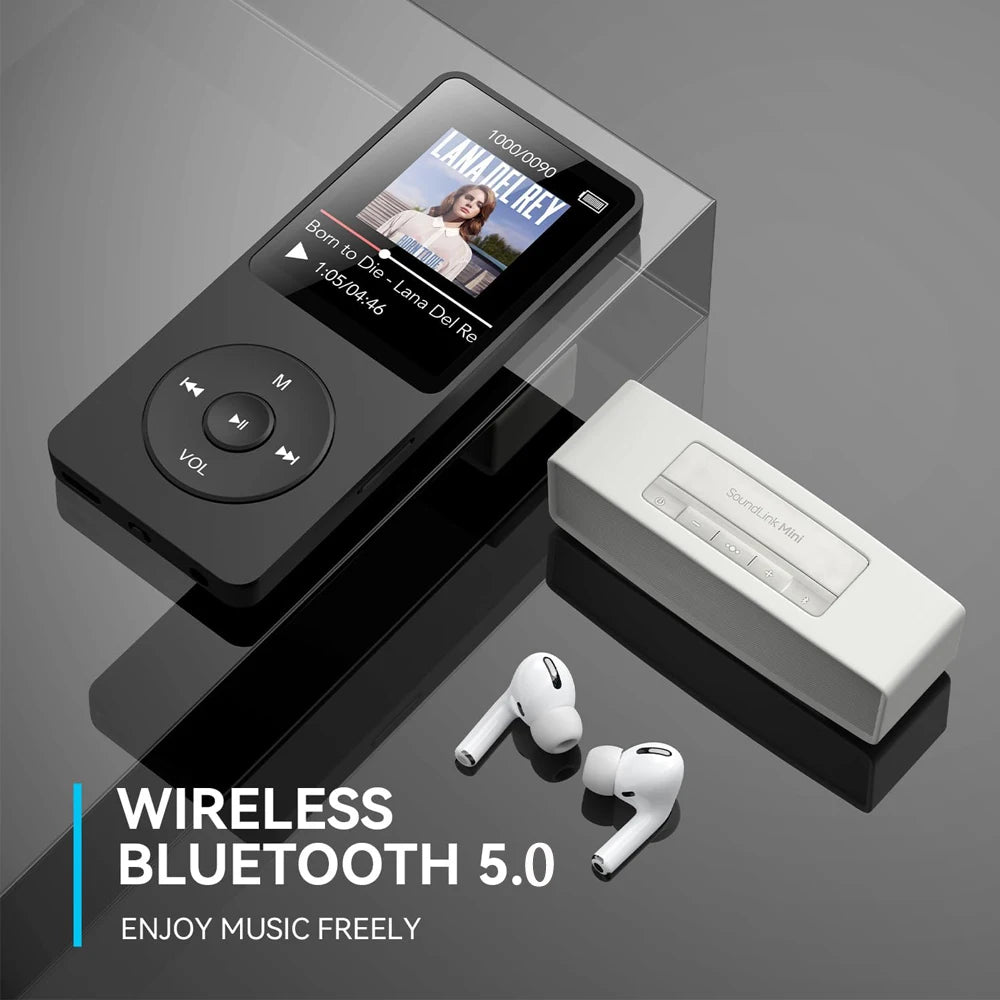 MP3 Player Bluetooth 5.0 Portable Music Player 1.8 inch Built-in Speaker Stereo Music Player Support FM Radio E-Book Recording