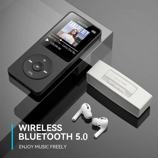 MP3 Player Bluetooth 5.0 Portable Music Player 1.8 inch Built-in Speaker Stereo Music Player Support FM Radio E-Book Recording