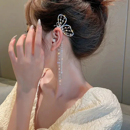 Fashion Crystal Butterfly Clip Earring for Women Pearl Bead Ear Cuff Long Tassels Charm Hollow Earrings Clip Xmas Jewelry Gifts