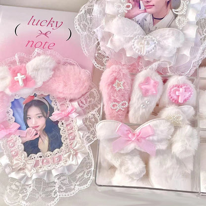 10Pcs Sweet Plush DIY Photocard Holder Handmade Material Korean Idol Photo Card Holder Lace Strips Cute Cartoon Ears Accessories
