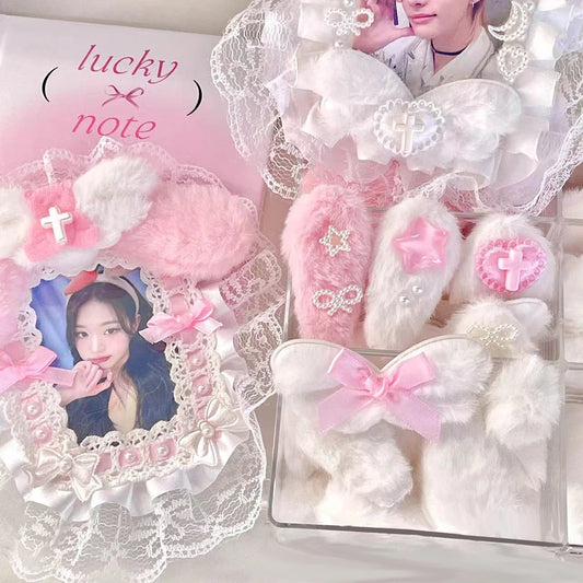 10Pcs Sweet Plush DIY Photocard Holder Handmade Material Korean Idol Photo Card Holder Lace Strips Cute Cartoon Ears Accessories