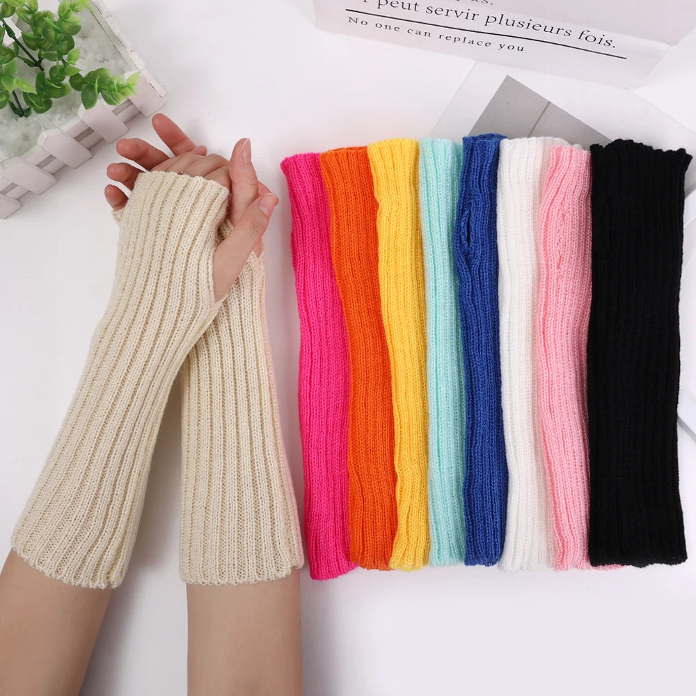 Autumn Winter Women Arm Warmers Knitted Woolen Arm Sleeve Fine Long Knitted Fingerless Gloves Casual Warm Soft Female Gloves